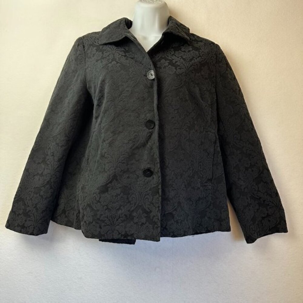 J JILL Swing Jacket Size 6 Petite Blazer Black‎ back pleat Brocade lined cropped